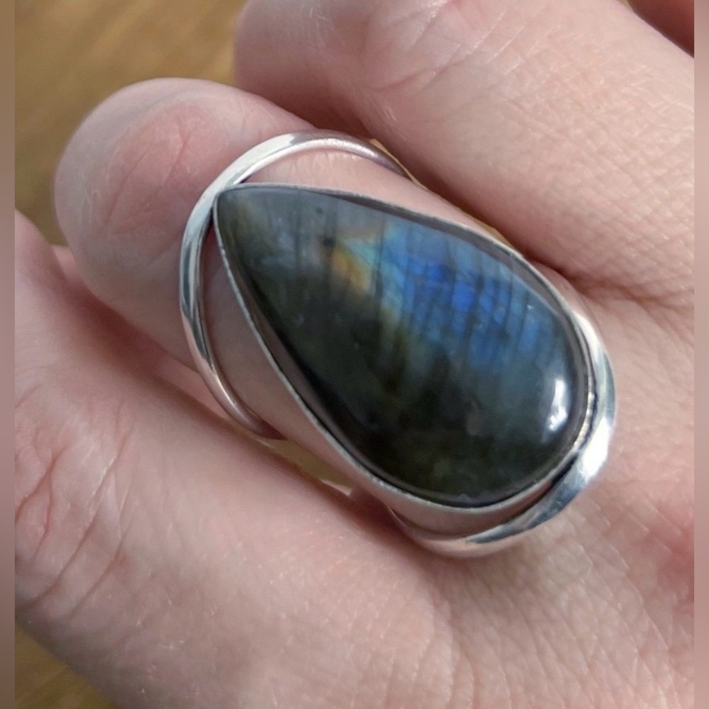 Flash Labradorite Big Ring Size 9 Sterling Silver 925 Ring Pear Handmade New - Picture 4 of 7